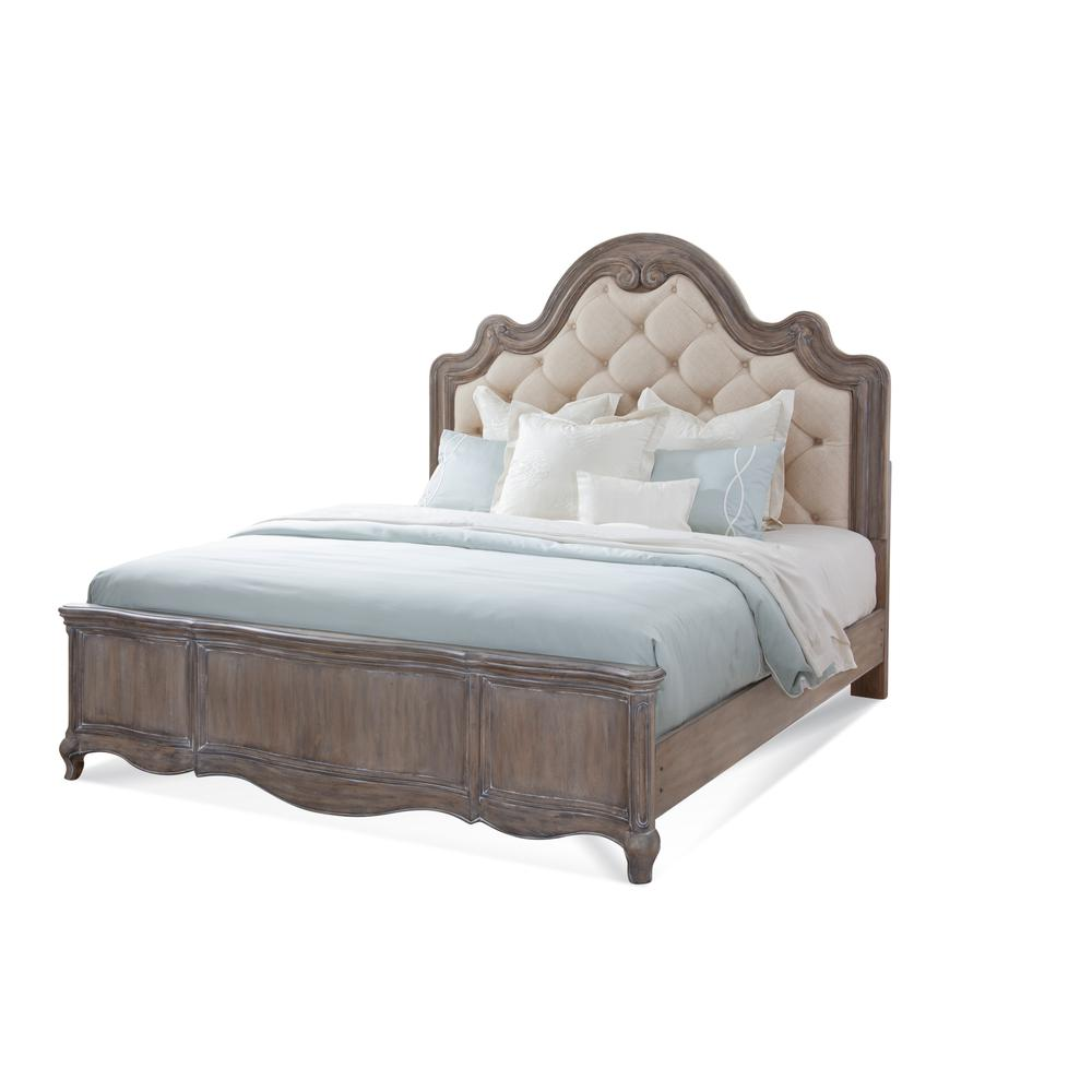 Genoa Queen Bed - Romantic Antique Grey Finish | Upholstered Headboard | Carved Moldings