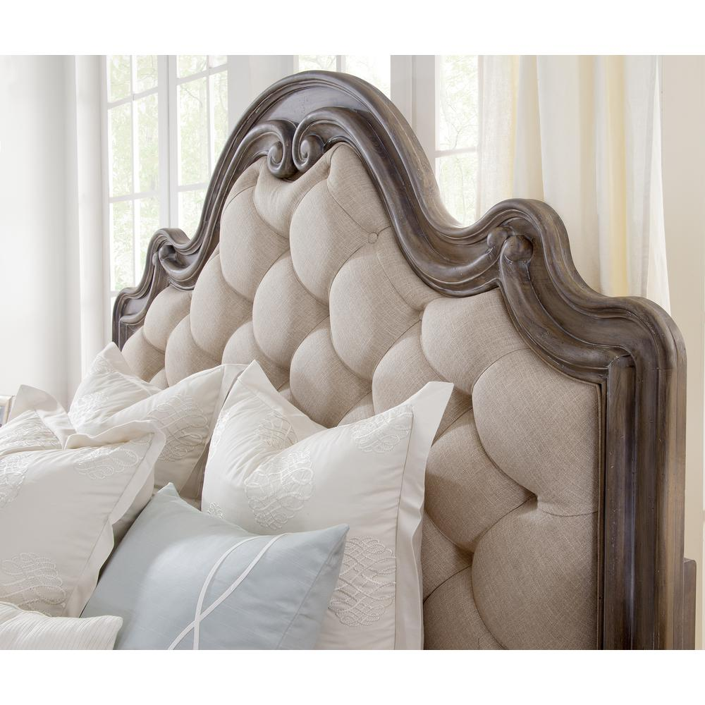 Genoa Queen Bed - Romantic Antique Grey Finish | Upholstered Headboard | Carved Moldings