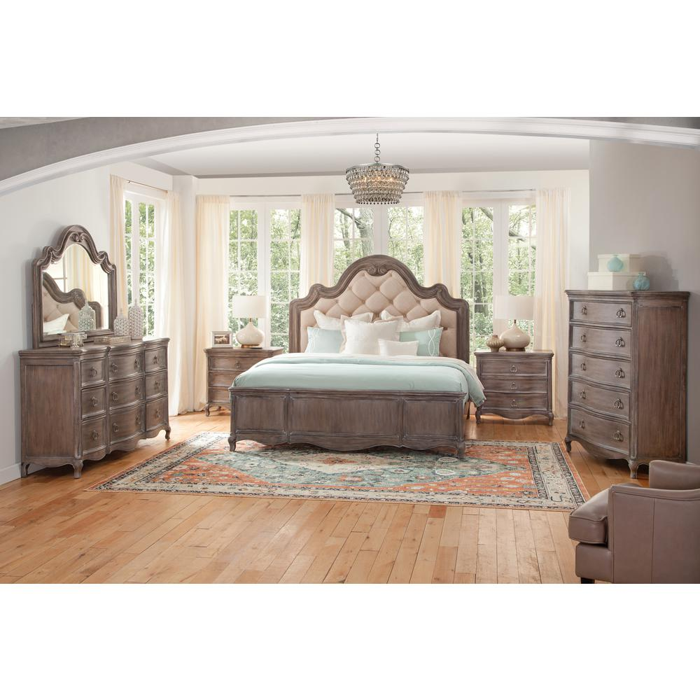 Genoa Queen Bed - Romantic Antique Grey Finish | Upholstered Headboard | Carved Moldings