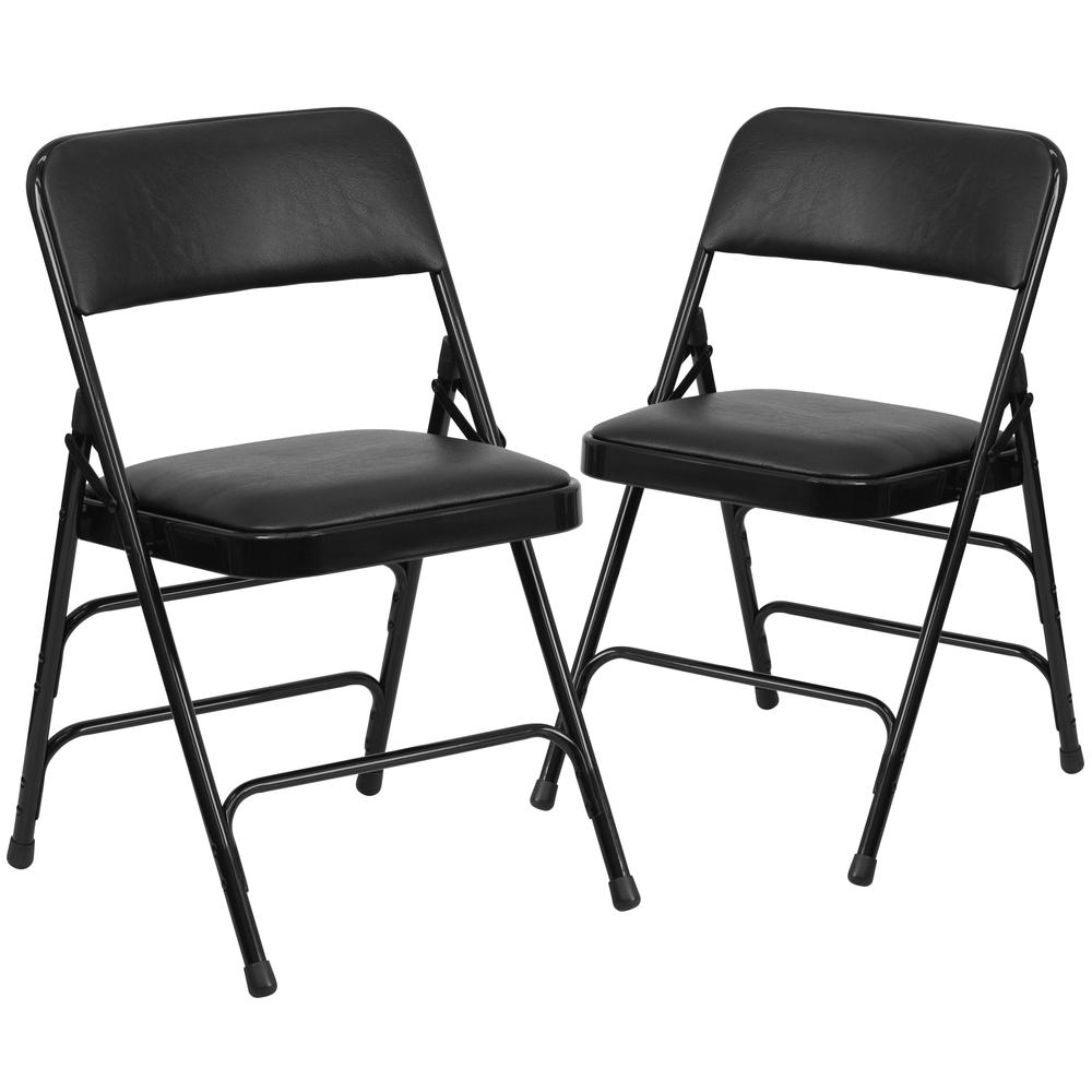 Black Metal Folding Chairs with Padded Seats - Set of 2