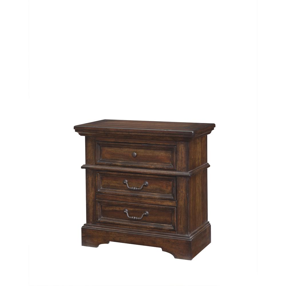 Stonebrook Nightstand - Rich Brown Finish, 3 Drawers, Hammered Metal Knobs