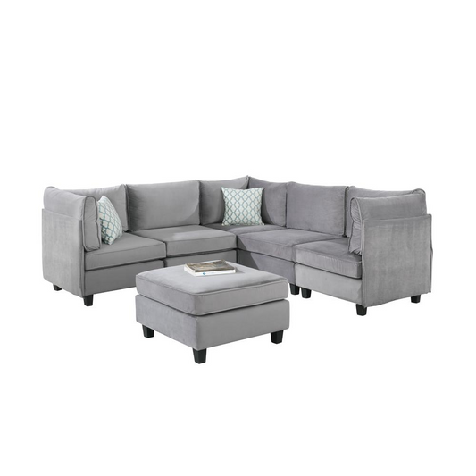 Flexible & Chic Zelmira 6-Piece Gray Velvet Modular Sectional Sofa - Ideal for Contemporary Home Decor and Comfortable Living