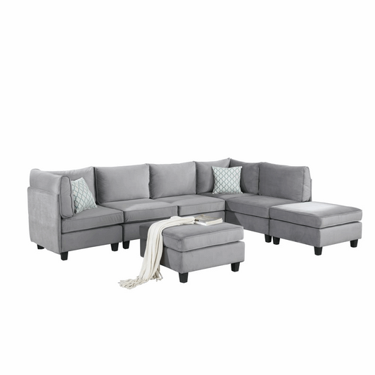 Contemporary Zelmira 7-Piece Gray Velvet Modular Sectional Sofa - Flexible & Chic Seating for Modern Living Spaces