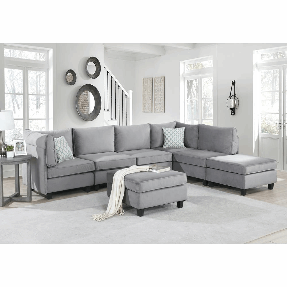 Contemporary Zelmira 7-Piece Gray Velvet Modular Sectional Sofa - Flexible & Chic Seating for Modern Living Spaces