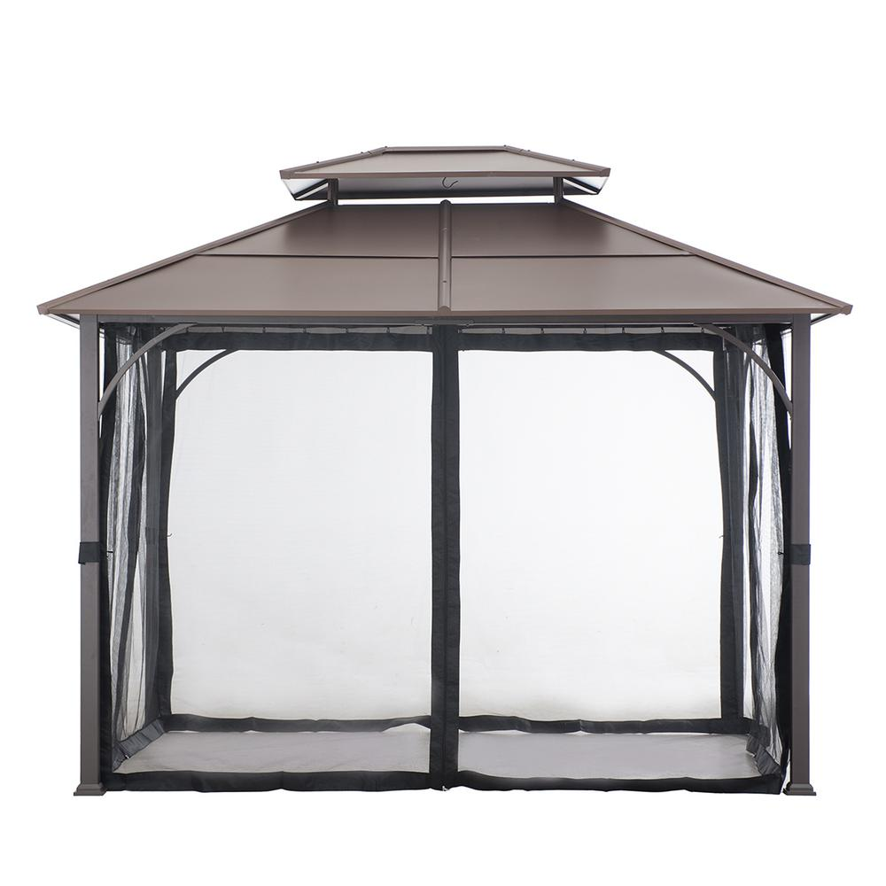 Outdoor Patio Steel Frame 2-Tier Hardtop Roof Gazebo with Ceiling Hook