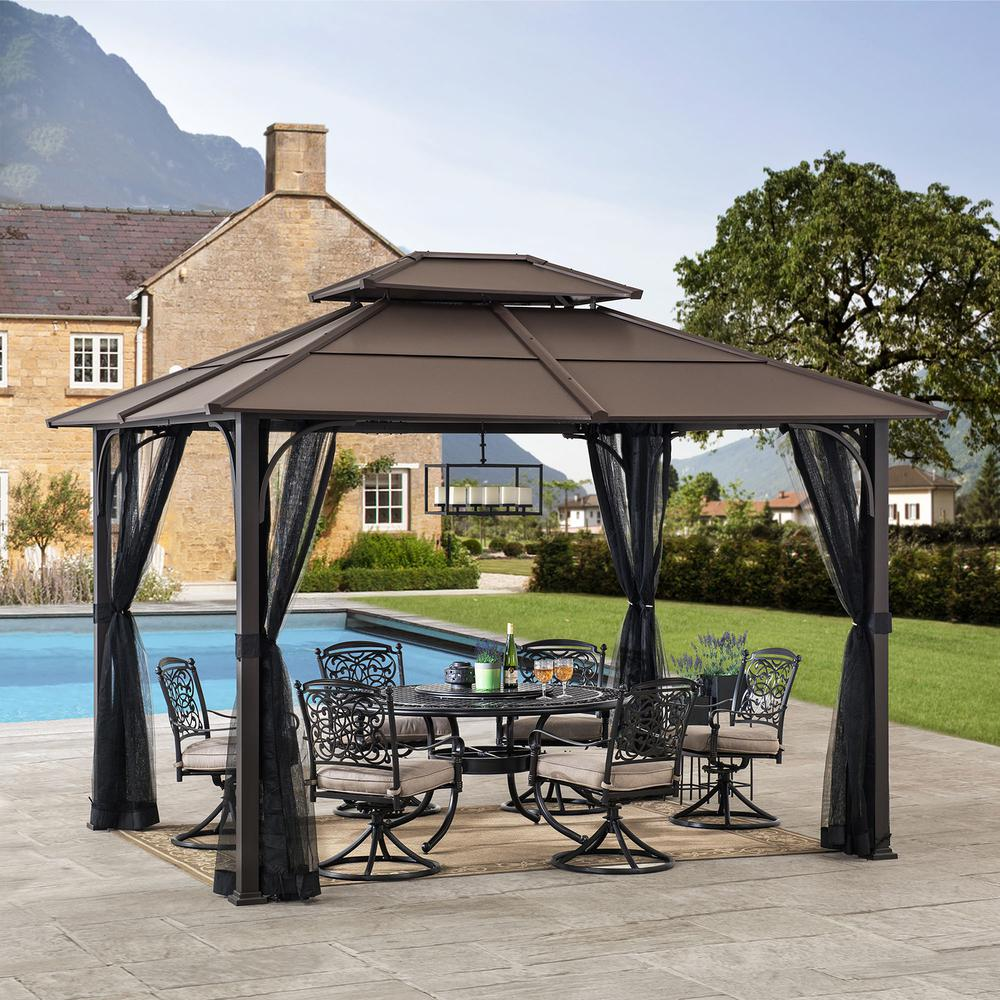 Outdoor Patio Steel Frame 2-Tier Hardtop Roof Gazebo with Ceiling Hook