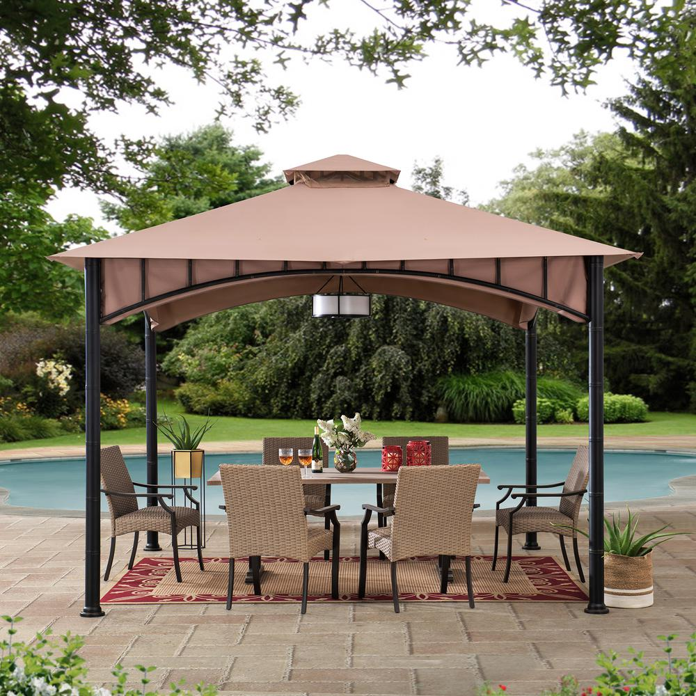 Outdoor Patio Black Bamboo Shape Steel Frame 2-Tier Soft Top Gazebo with Canopy