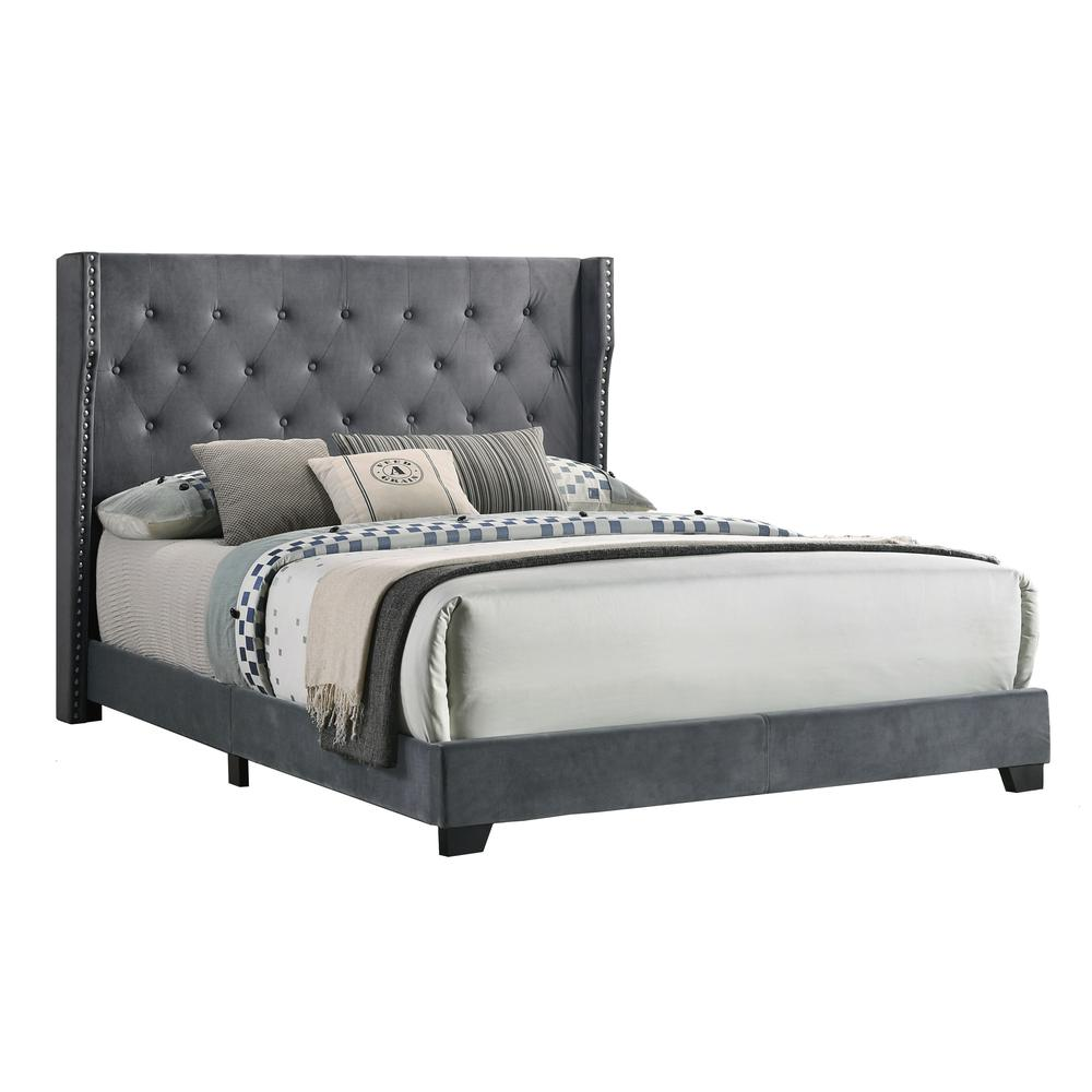 Eastern King Dark Grey Velvet Bed: Tufted & Studded Luxury