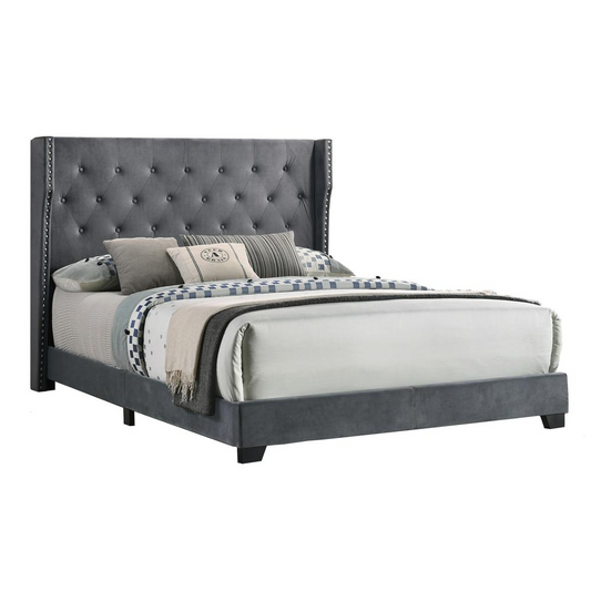 Dark Grey Velvet Eastern King Bed: Tufted & Studded