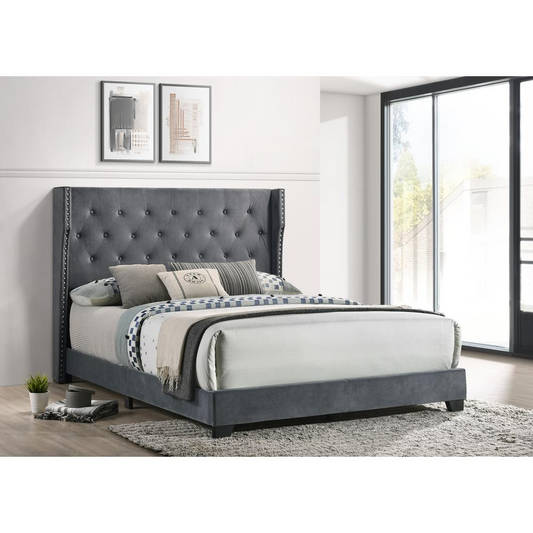 Dark Grey Velvet Eastern King Bed: Tufted & Studded