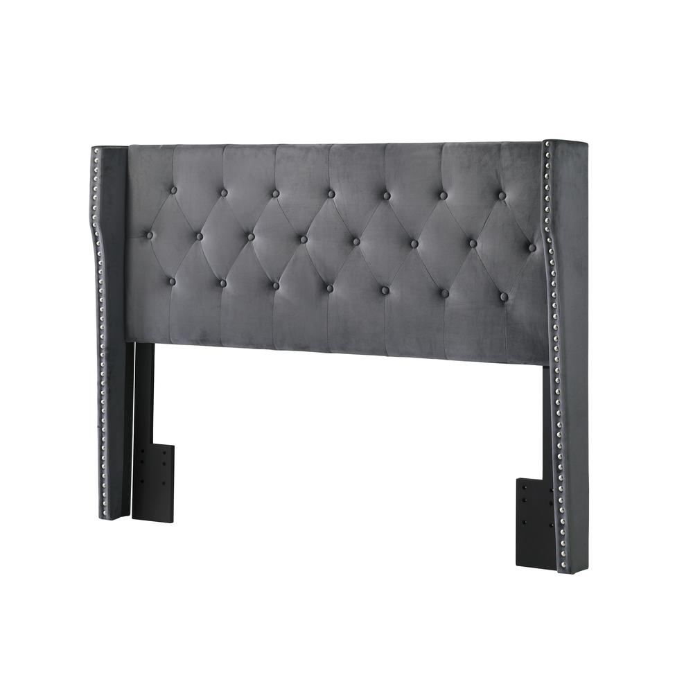 Dark Grey Velvet Eastern King Bed: Tufted & Studded