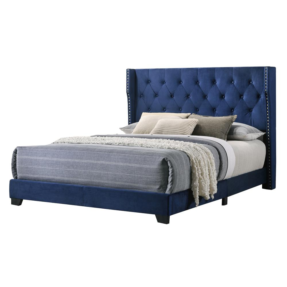 Navy Blue Velvet Queen Bed: Tufted & Studded Chic Design