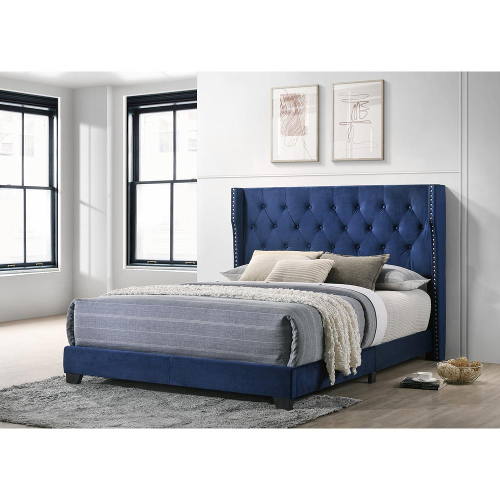 Navy Blue Velvet Queen Bed: Tufted & Studded Chic Design