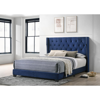 Navy Blue Velvet Queen Bed: Tufted & Studded Chic Design