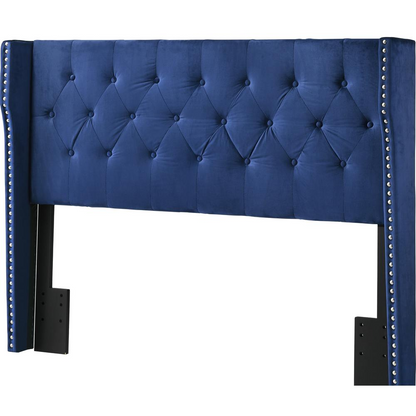 Navy Blue Velvet Queen Bed: Tufted & Studded Chic Design