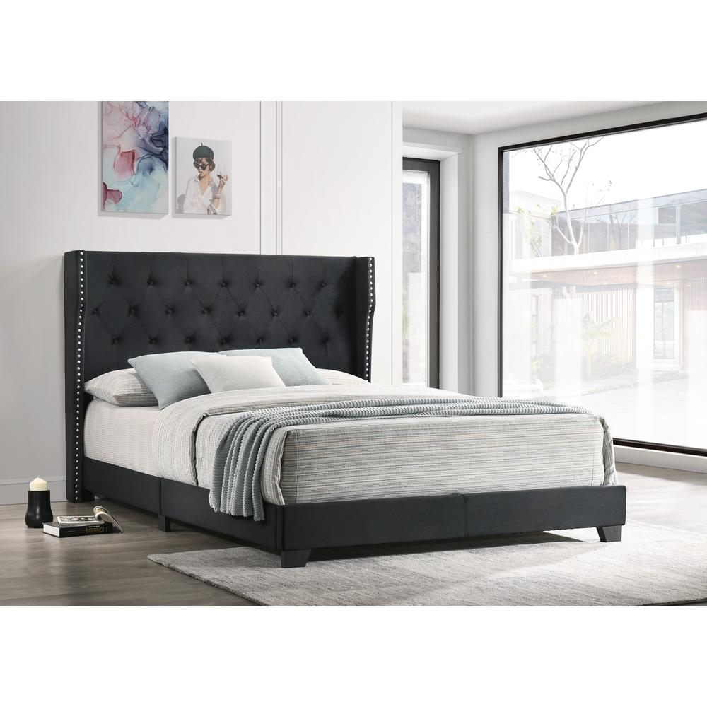 Full Black Velvet Panel Bed: Tufted with Side Studs