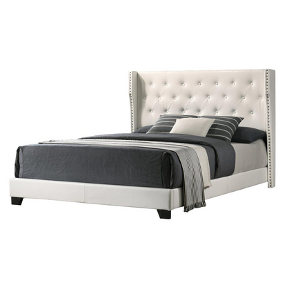 White Faux Leather King Bed: Tufted with Side Studs