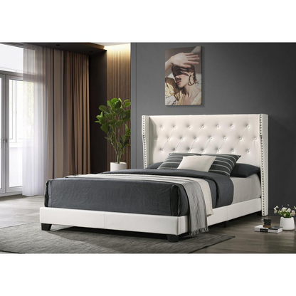 White Faux Leather King Bed: Tufted with Side Studs