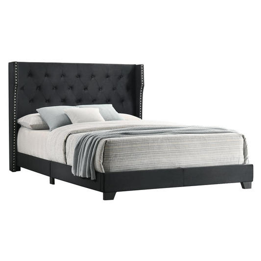 Black Velvet Queen Panel Bed: Elegantly Tufted with Side Studs