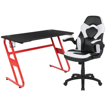 Red Gaming Desk and White/Black Racing Chair Set with Cup Holder and Headphone Hook