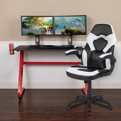 Red Gaming Desk and White/Black Racing Chair Set with Cup Holder and Headphone Hook