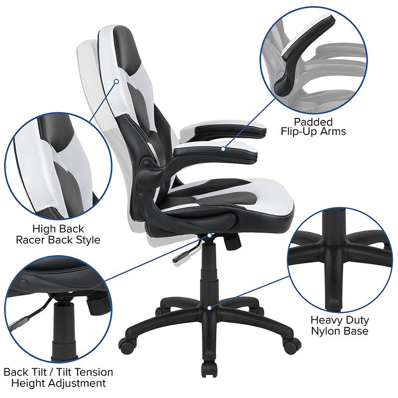 Red Gaming Desk and White/Black Racing Chair Set with Cup Holder and Headphone Hook