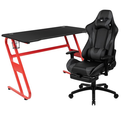 Red Gaming Desk with Cup Holder/Headphone Hook & Gray Reclining Gaming Chair with Footrest