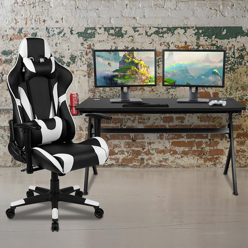 Gaming Desk and Black Reclining Gaming Chair Set with Cup Holder and Headphone Hook