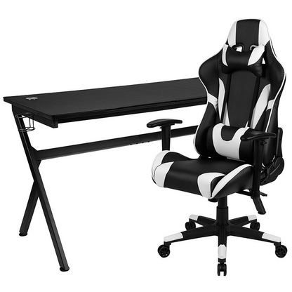 Gaming Desk and Black Reclining Gaming Chair Set with Cup Holder and Headphone Hook