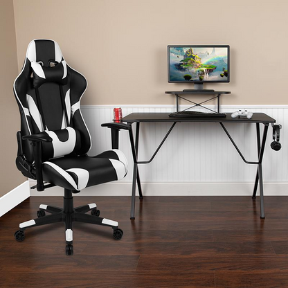 Black Gaming Desk and Reclining Gaming Chair Set with Cup Holder, Headphone Hook, and Monitor/Smartphone Stand