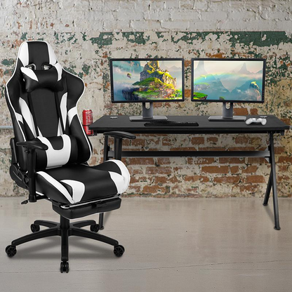 Gaming Desk and Black Footrest Reclining Gaming Chair Set - Cup Holder/Headphone Hook/Removable Mouse Pad Top/Wire Management