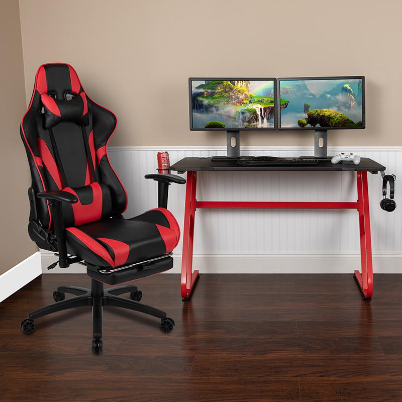 Red Gaming Desk and Red/Black Footrest Reclining Gaming Chair Set with Cup Holder and Headphone Hook