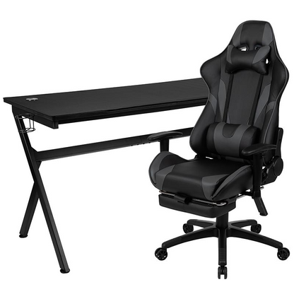 Gaming Desk and Gray Footrest Reclining Gaming Chair Set - Cup Holder, Headphone Hook, Removable Mouse Pad Top, Wire Management