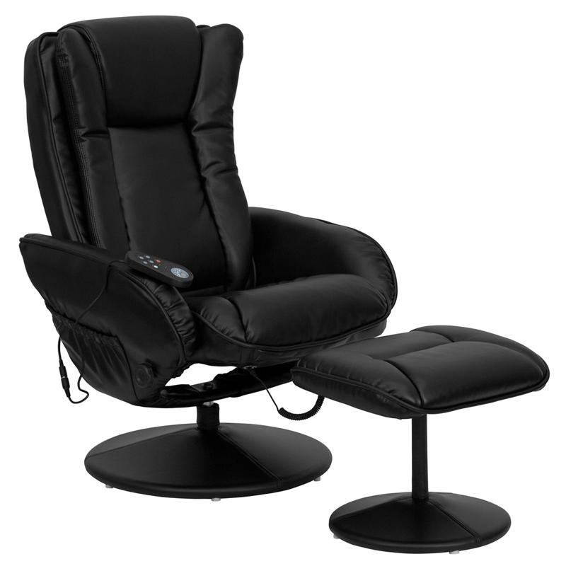 Massaging Multi-Position Plush Recliner with Side Pocket and Ottoman in Black LeatherSoft