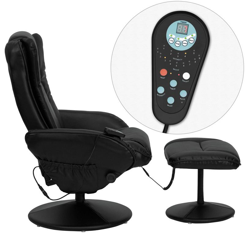 Massaging Multi-Position Plush Recliner with Side Pocket and Ottoman in Black LeatherSoft