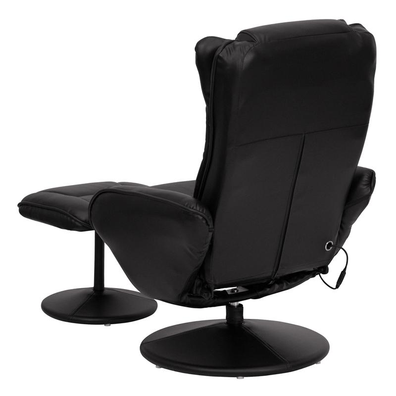 Massaging Multi-Position Plush Recliner with Side Pocket and Ottoman in Black LeatherSoft