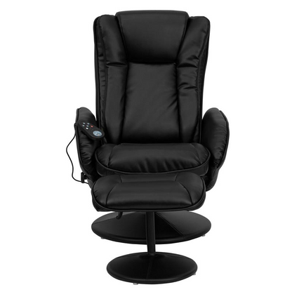 Massaging Multi-Position Plush Recliner with Side Pocket and Ottoman in Black LeatherSoft