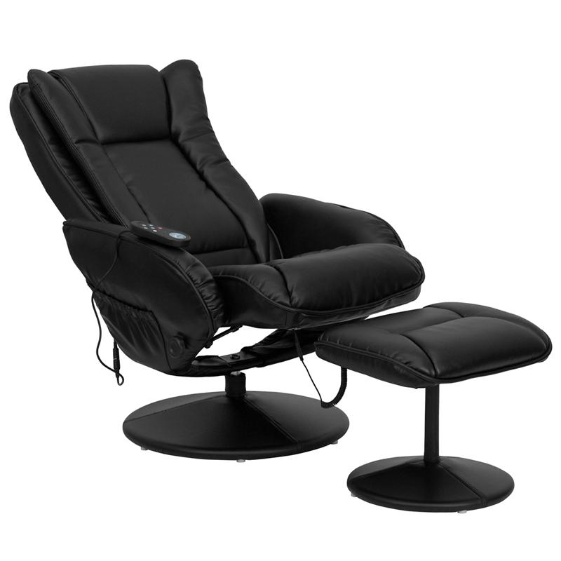 Massaging Multi-Position Plush Recliner with Side Pocket and Ottoman in Black LeatherSoft