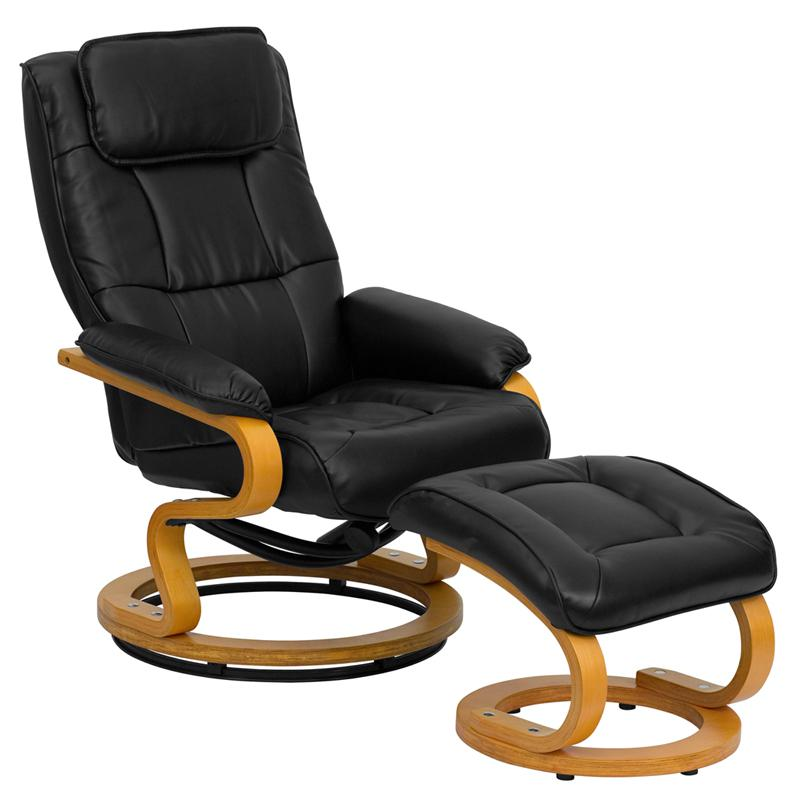 Adjustable Recliner and Ottoman with Swivel Maple Wood Base in Black LeatherSoft - Comfort and Style for Ultimate Relaxation