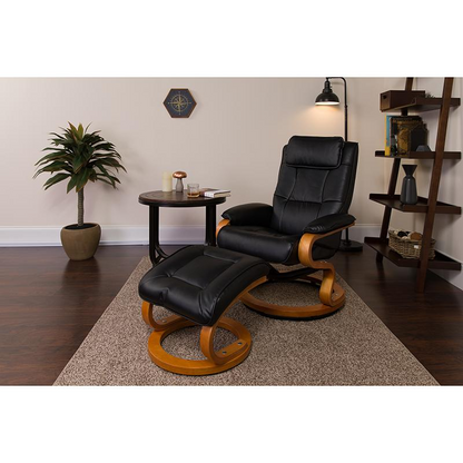 Adjustable Recliner and Ottoman with Swivel Maple Wood Base in Black LeatherSoft - Comfort and Style for Ultimate Relaxation