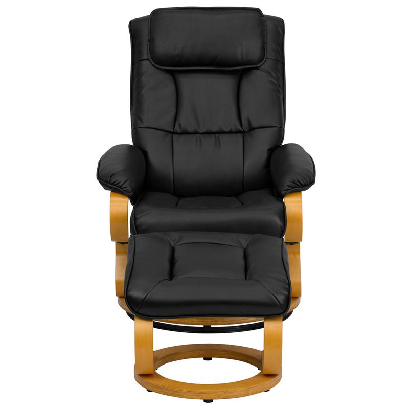 Adjustable Recliner and Ottoman with Swivel Maple Wood Base in Black LeatherSoft - Comfort and Style for Ultimate Relaxation