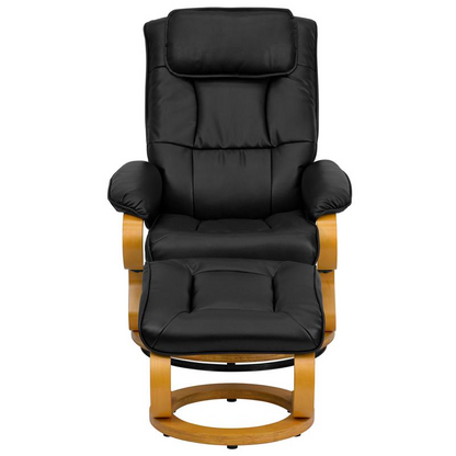 Adjustable Recliner and Ottoman with Swivel Maple Wood Base in Black LeatherSoft - Comfort and Style for Ultimate Relaxation