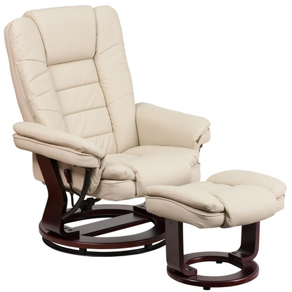 Contemporary Multi-Position Recliner with Ottoman in Beige LeatherSoft