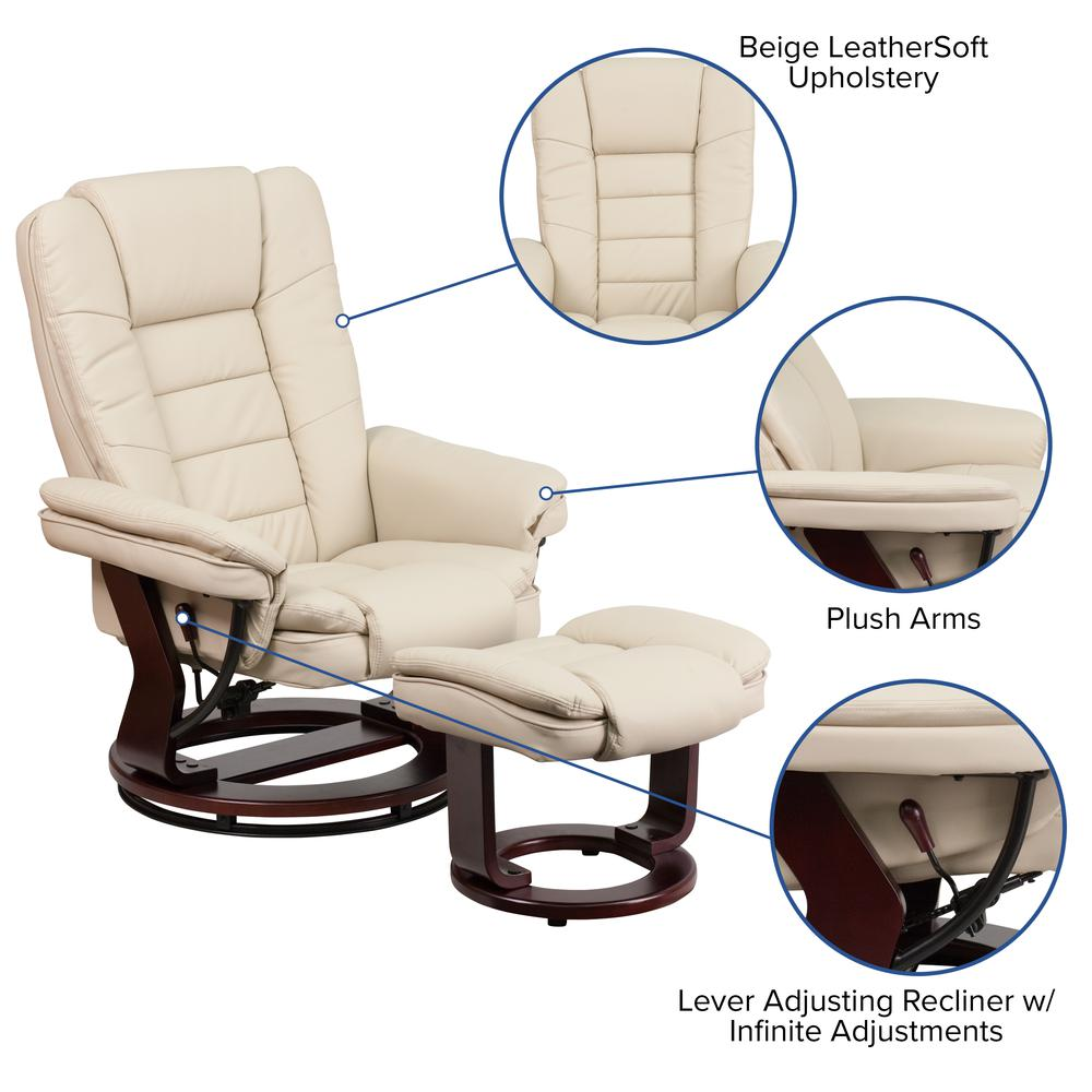 Contemporary Multi-Position Recliner with Ottoman in Beige LeatherSoft