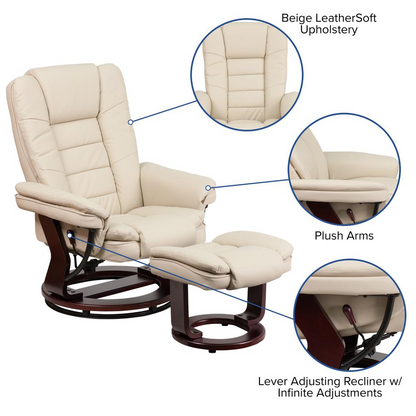 Contemporary Multi-Position Recliner with Ottoman in Beige LeatherSoft