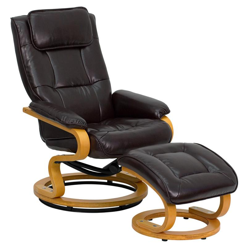 Contemporary Adjustable Recliner and Ottoman with Swivel Maple Wood Base in Brown LeatherSoft