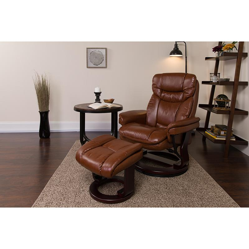 Contemporary Multi-Position Recliner and Curved Ottoman with Swivel Mahogany Wood Base in Brown Vintage LeatherSoft