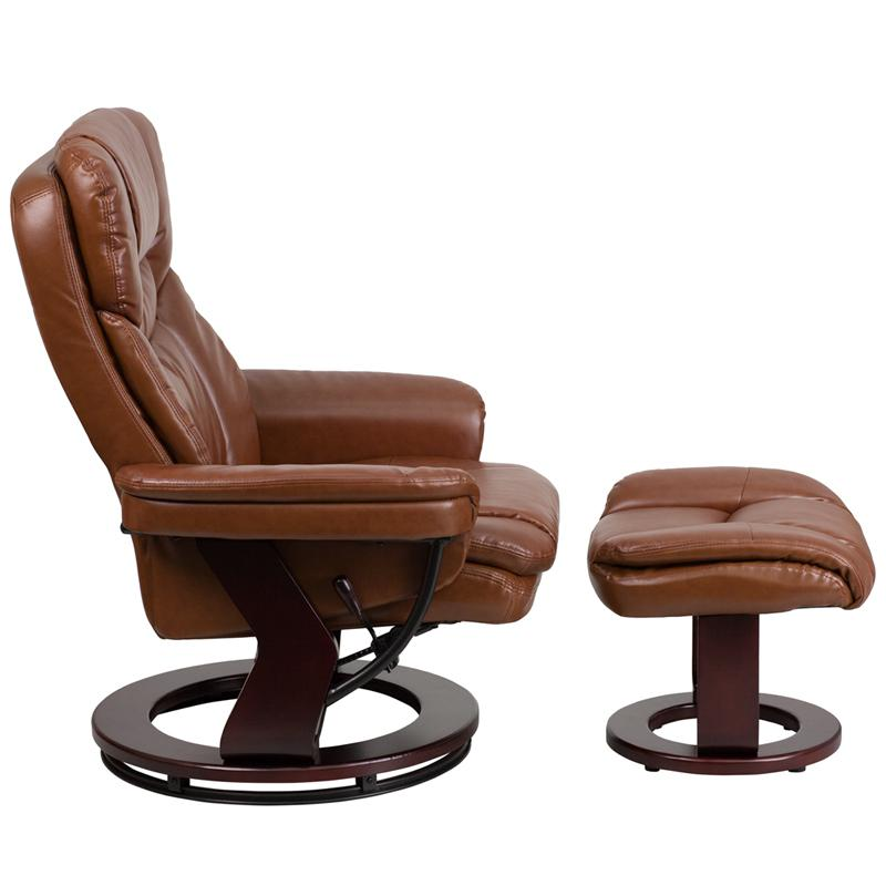 Contemporary Multi-Position Recliner and Curved Ottoman with Swivel Mahogany Wood Base in Brown Vintage LeatherSoft