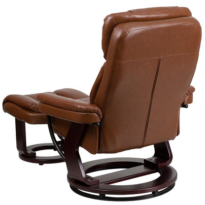 Contemporary Multi-Position Recliner and Curved Ottoman with Swivel Mahogany Wood Base in Brown Vintage LeatherSoft