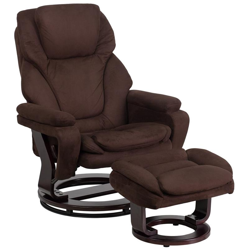 Comfortable Recliner and Ottoman with Swivel Mahogany Wood Base in Brown Microfiber - Ultimate Comfort and Style